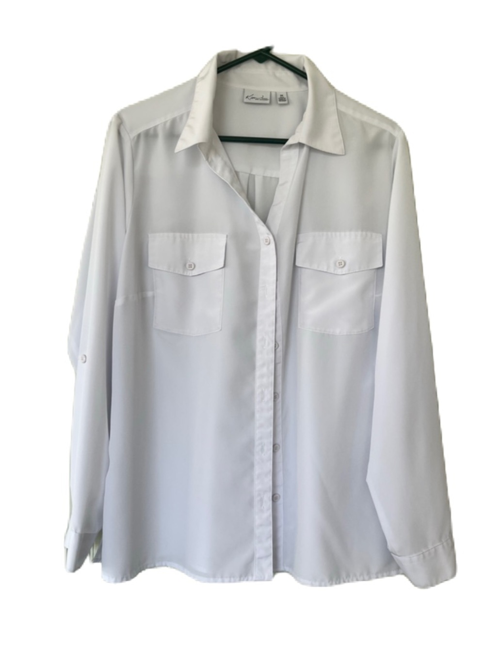 Kim Rogers Sz XL White Button Up Blouse Top front Pocket Side Slits